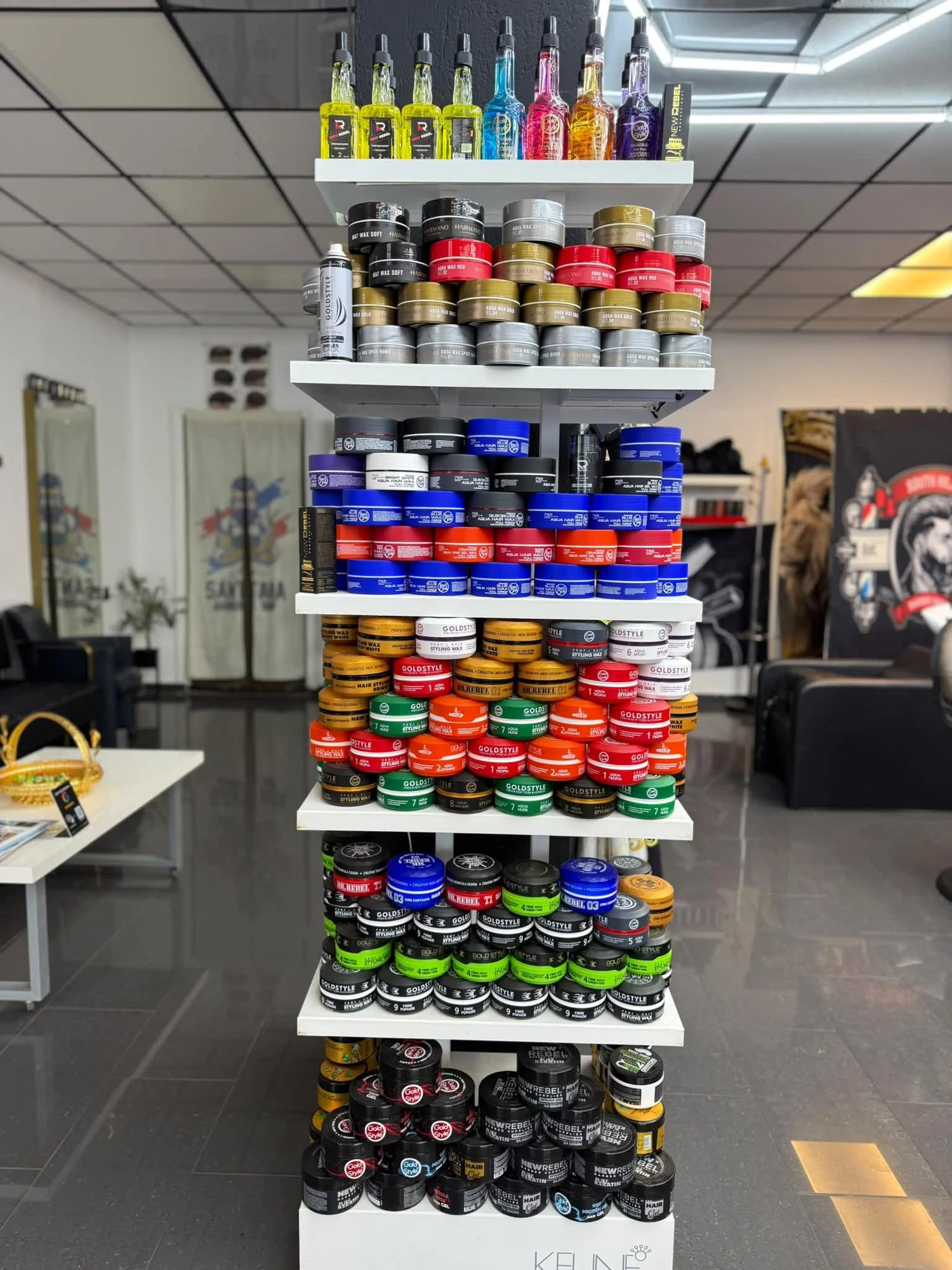 Het assortiment gel en stylingwax in Kapsalon Renas